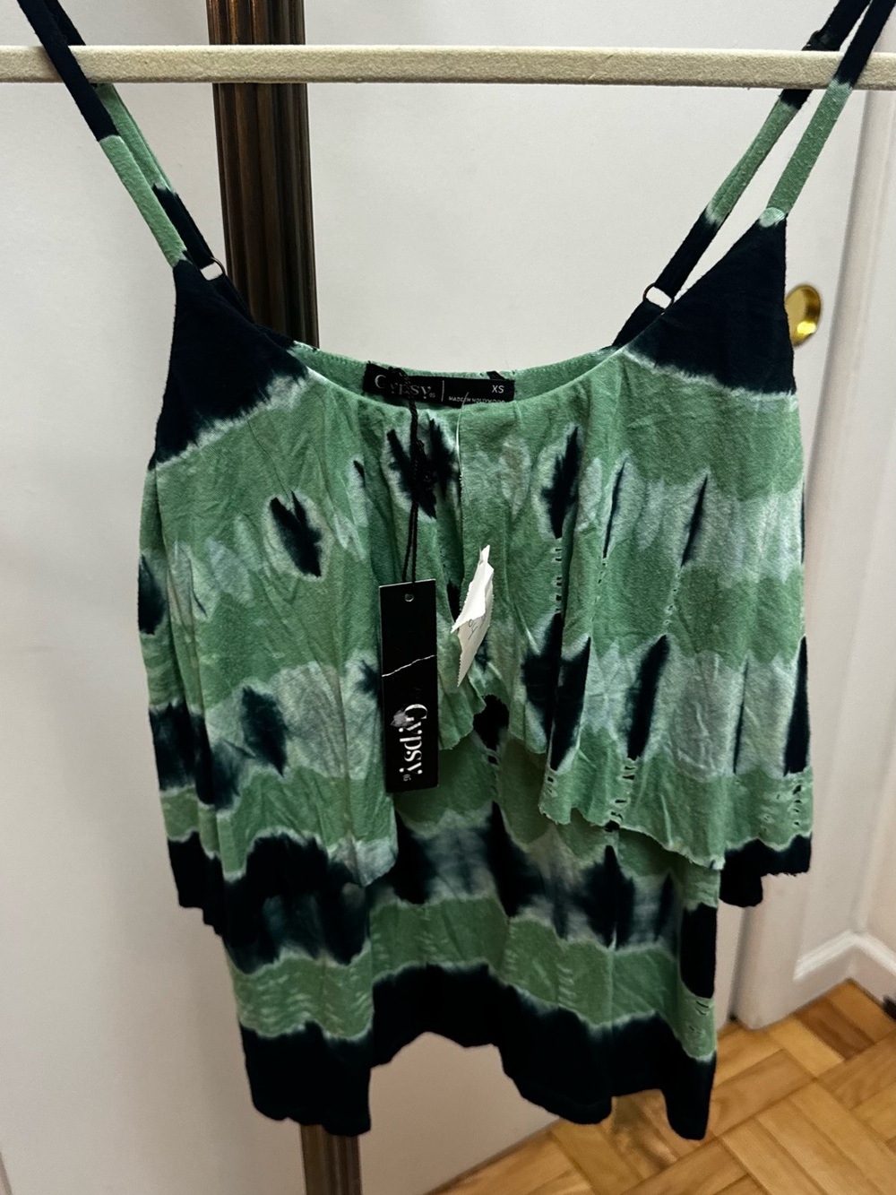 Gypsy 05 Green & Black Tie-Dye Ruffle Camisole